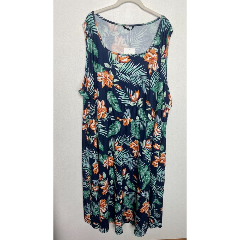 Bloomchic Sz 28 Floral Tank Midi Dress Blue Elastic Waist Sleeveless Stretch NWT